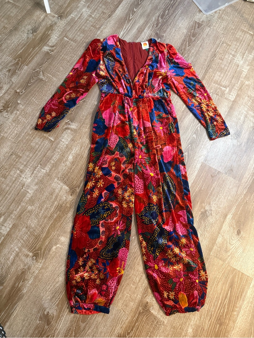 FARM Rio, Floral Velvet Jumpsuit Long Sleeve Deep V, Size L EUC - Picture 4 of 16